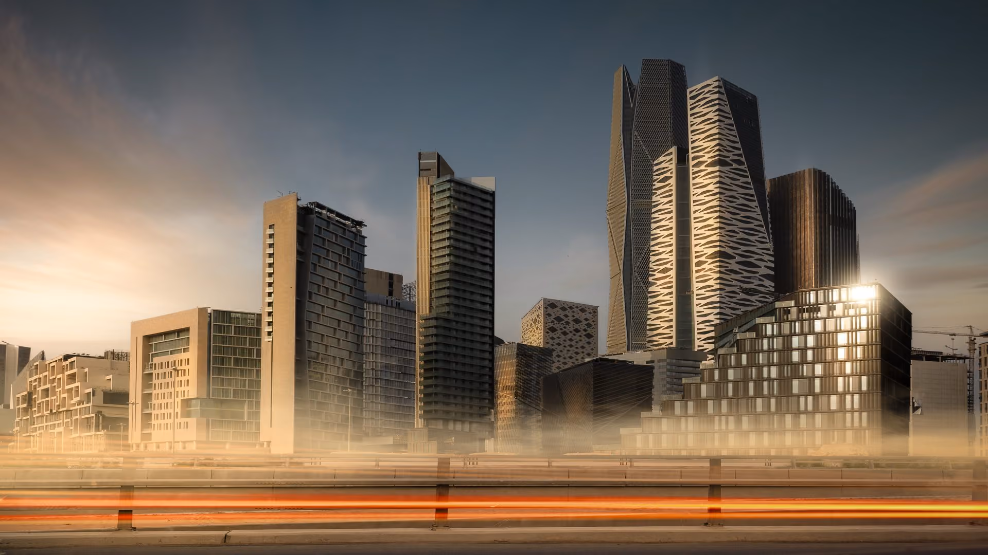 Riyadh skyline at sunset with the King Abdullah Financial District towers